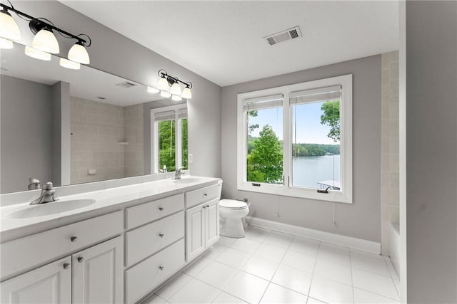 4777 Destitute Way, Gainesville, GA 30506 - full bath with double vanity, toilet, baseboards, a water view, and tile patterned flooring