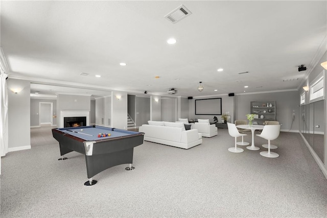 4777 Destitute Way, Gainesville, GA 30506 - playroom featuring ornamental molding, baseboards, carpet floors, pool table, and recessed lighting