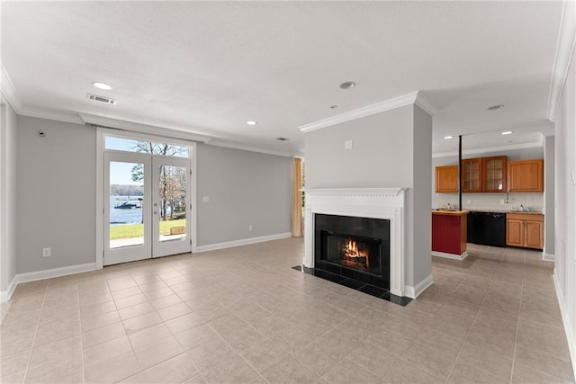 4777 Destitute Way, Gainesville, GA 30506 - unfurnished living room featuring crown molding, recessed lighting, a fireplace with flush hearth, baseboards, and light tile patterned floors