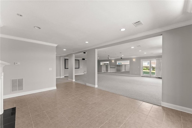 4777 Destitute Way, Gainesville, GA 30506 - unfurnished living room with ornamental molding, recessed lighting, baseboards, light carpet, and light tile patterned flooring