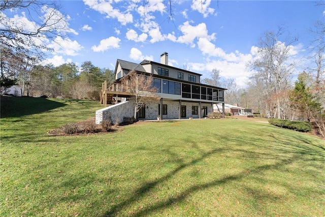 4777 Destitute Way, Gainesville, GA 30506 - back of house with a sunroom, a yard, a chimney, and a wooden deck