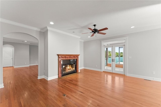 4777 Destitute Way, Gainesville, GA 30506 - unfurnished living room with a ceiling fan, light wood finished floors, recessed lighting, baseboards, and ornamental molding