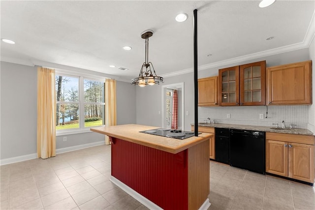 4777 Destitute Way, Gainesville, GA 30506 - kitchen with black appliances, ornamental molding, backsplash, light tile patterned flooring, and a center island