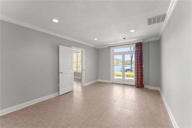 4777 Destitute Way, Gainesville, GA 30506 - unfurnished room with crown molding, baseboards, recessed lighting, light tile patterned floors, and a water view