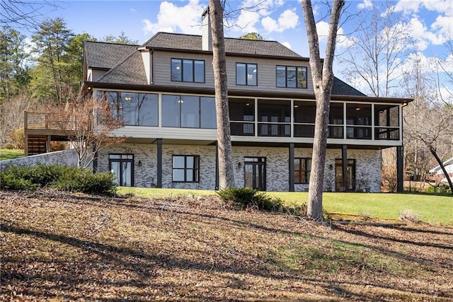 4777 Destitute Way, Gainesville, GA 30506 - back of property featuring a sunroom, a lawn, and brick siding