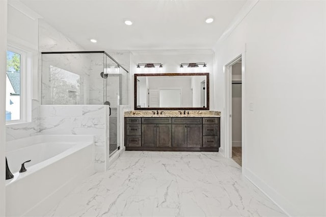 full bathroom with marble finish floor, a marble finish shower, a garden tub, and vanity