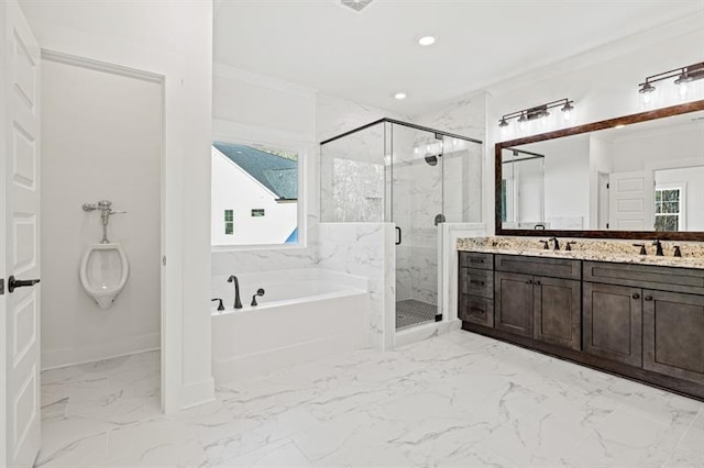 full bath with vanity, a marble finish shower, marble finish floor, baseboards, and a garden tub