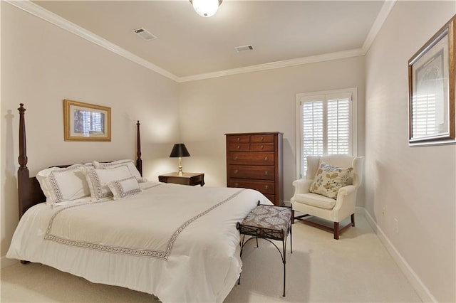 bedroom with baseboards, visible vents, ornamental molding, and light colored carpet