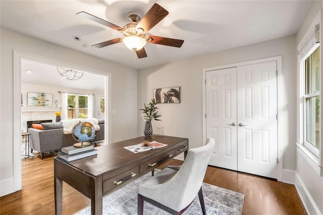 home office featuring plenty of natural light, wood finished floors, and ceiling fan