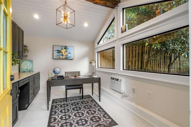 home office with a wall mounted air conditioner, baseboards, recessed lighting, wood ceiling, and high vaulted ceiling