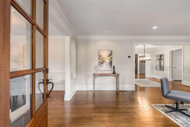 office space with a chandelier, crown molding, dark wood finished floors, baseboards, and recessed lighting