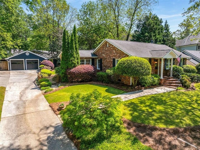ranch-style home featuring brick siding, concrete driveway, and roof with shingles