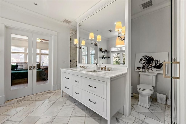 full bathroom featuring visible vents, marble finish floor, ornamental molding, ensuite bathroom, and french doors