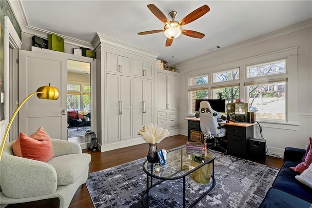 office area featuring visible vents, ornamental molding, ceiling fan, and dark wood-style flooring