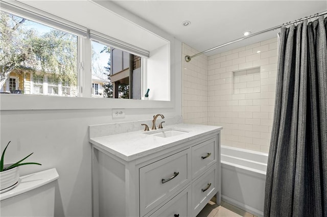 full bath with vanity, toilet, shower / bathtub combination with curtain, and recessed lighting