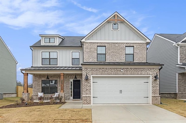 view of front of property with a garage, a porch, central air condition unit, and a front lawn