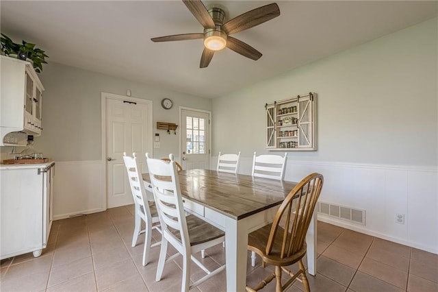 dining area featuring light tile patterned flooring, visible vents, and wainscoting