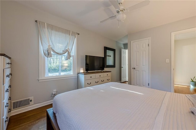 bedroom with visible vents, ceiling fan, baseboards, and wood finished floors