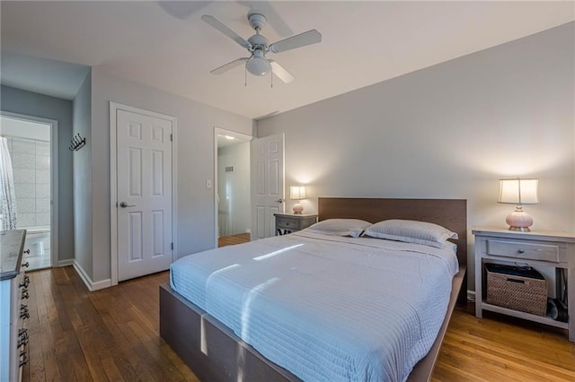 bedroom with baseboards, ceiling fan, and hardwood / wood-style flooring