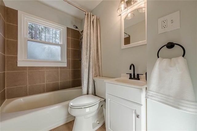 bathroom with shower / bathtub combination with curtain, toilet, and vanity