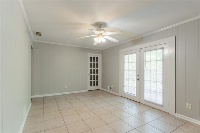 4078 Bouldercrest Rd, Ellenwood, GA 30294 - unfurnished room featuring crown molding, french doors, a ceiling fan, light tile patterned floors, and baseboards