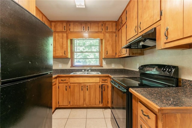 4078 Bouldercrest Rd, Ellenwood, GA 30294 - kitchen featuring black appliances, under cabinet range hood, a sink, light tile patterned floors, and dark countertops