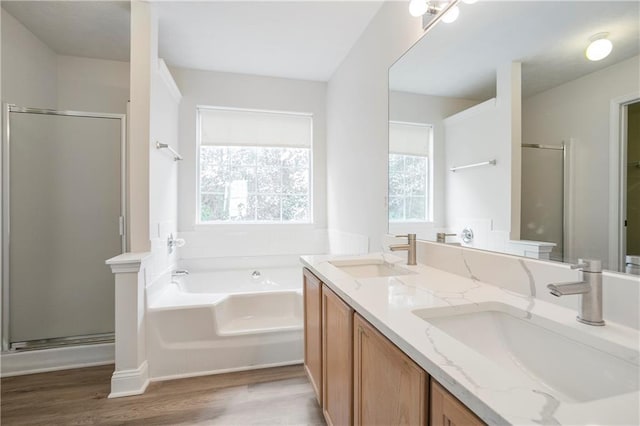 2682 Field Spring Dr, Lithonia, GA 30058 - full bathroom featuring a shower stall, a garden tub, wood finished floors, and double vanity