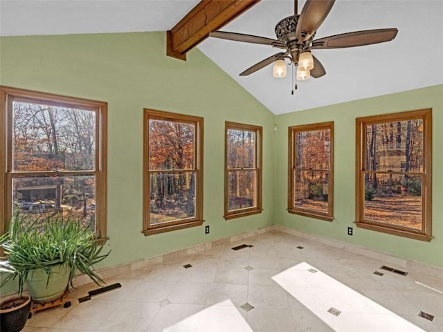 tiled spare room featuring lofted ceiling with beams, baseboards, visible vents, and ceiling fan