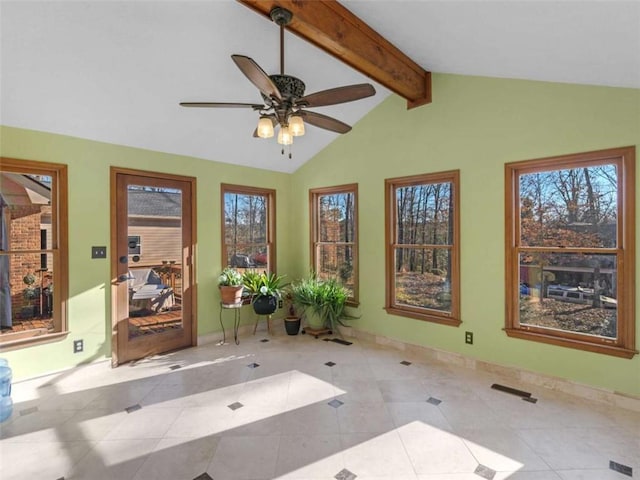interior space with tile patterned floors, vaulted ceiling with beams, baseboards, and ceiling fan