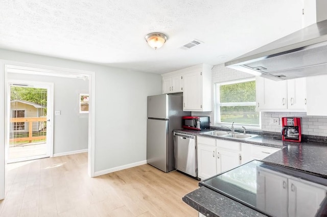 kitchen with white cabinetry, sink, wall chimney range hood, and stainless steel appliances