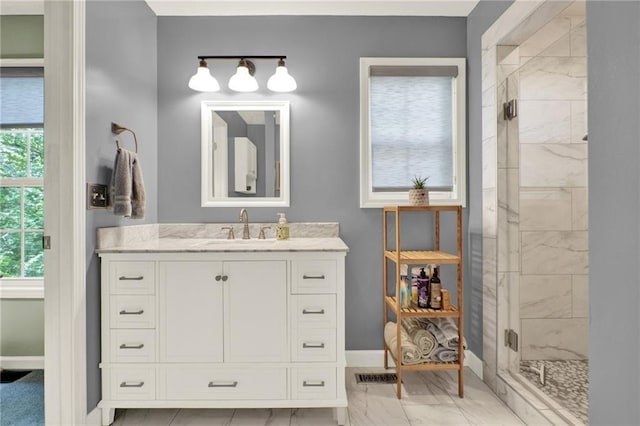 101 Cherokee Dr S, Waleska, GA 30183 - bathroom with a shower stall, vanity, and marble finish flooring