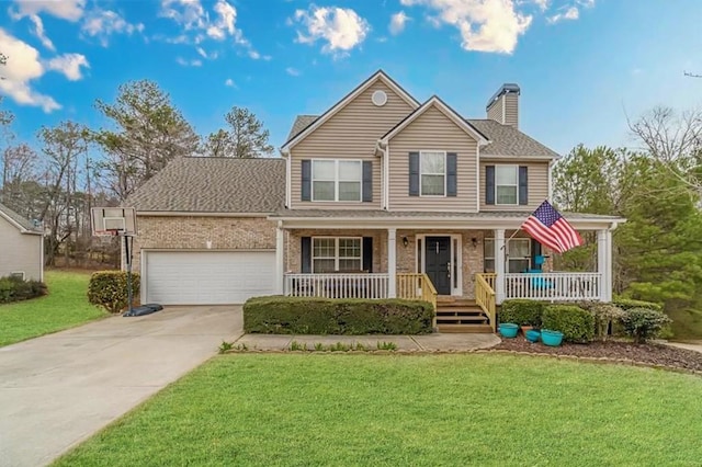 view of front facade featuring covered porch, concrete driveway, an attached garage, a front yard, and brick siding