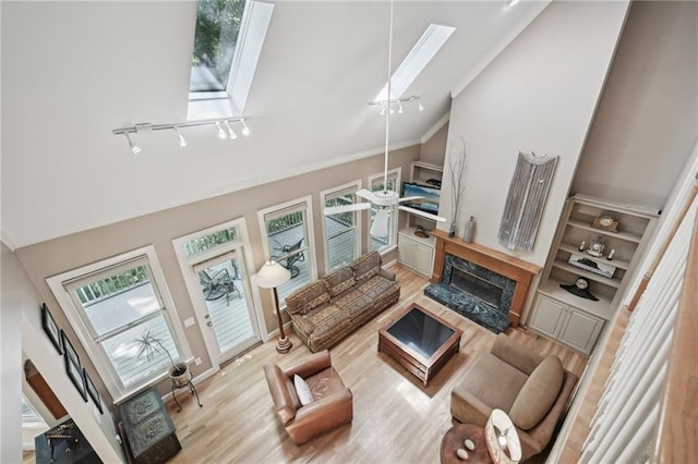living room with lofted ceiling, a skylight, wood finished floors, and a high end fireplace