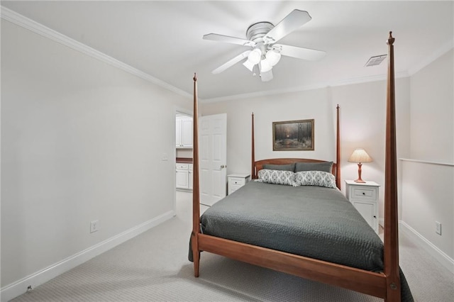 bedroom with carpet, ornamental molding, baseboards, and a ceiling fan
