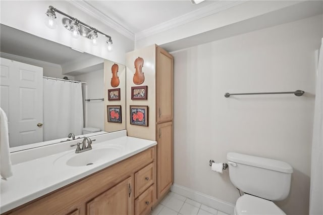 bathroom with toilet, crown molding, tile patterned flooring, baseboards, and vanity
