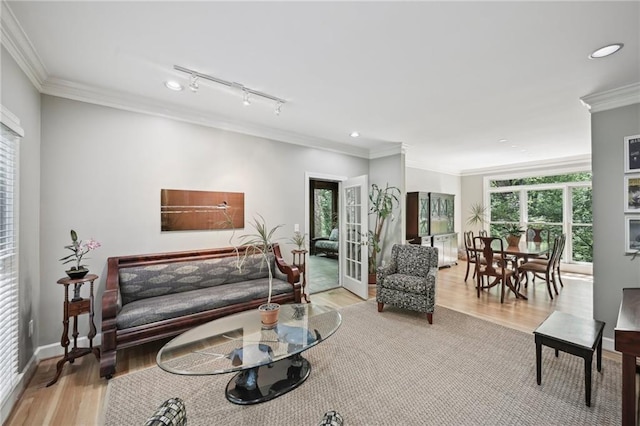 living room with wood finished floors, crown molding, rail lighting, recessed lighting, and baseboards
