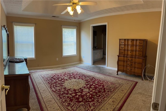 964 Village View Cir, Loganville, GA 30052 - bedroom featuring baseboards, light carpet, ornamental molding, ensuite bathroom, and a ceiling fan