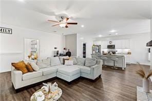6547 River Station Dr, Lula, GA 30554 - living area featuring a ceiling fan, dark wood-style flooring, and recessed lighting