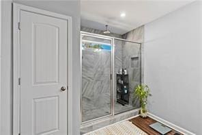 6547 River Station Dr, Lula, GA 30554 - full bath featuring a shower stall, baseboards, wood finished floors, and recessed lighting