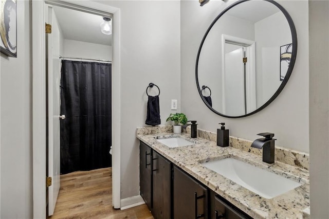 bathroom featuring hardwood / wood-style flooring and vanity