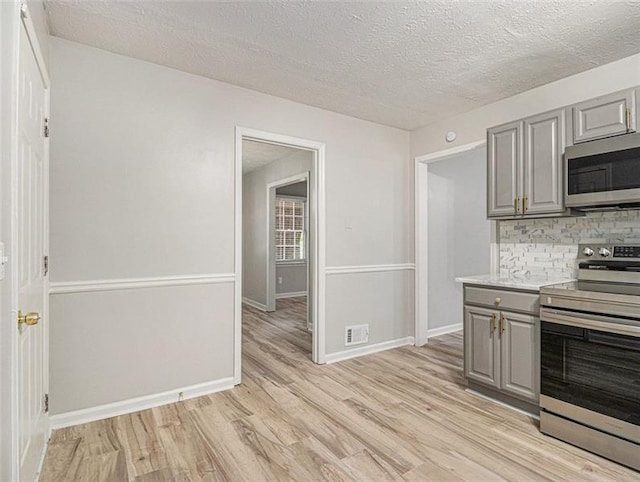 2544 Peyton Woods Trl SW, Atlanta, GA 30311 - kitchen featuring appliances with stainless steel finishes, gray cabinetry, light wood finished floors, a textured ceiling, and backsplash
