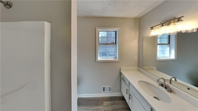 bathroom with a textured ceiling, wood finished floors, vanity, visible vents, and baseboards