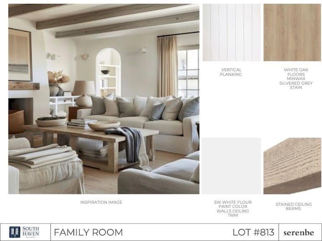 living area featuring beam ceiling