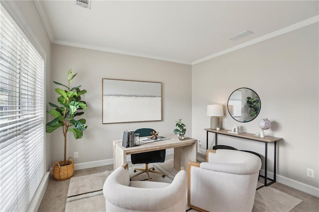 carpeted office space featuring visible vents, baseboards, and ornamental molding