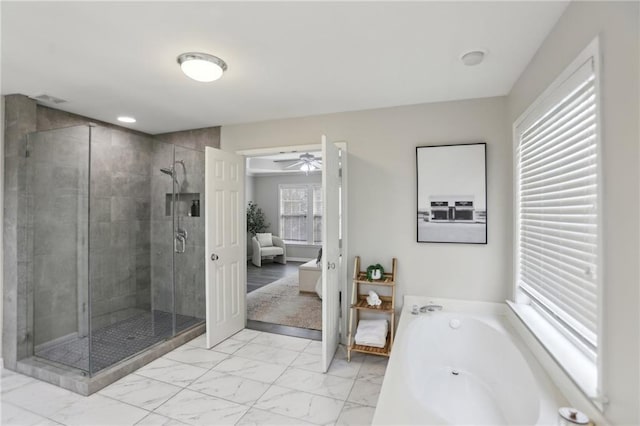 bathroom featuring a bath, a shower stall, connected bathroom, and marble finish floor