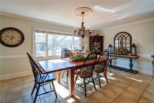 dining room featuring ornamental molding, light tile patterned flooring, and an inviting chandelier