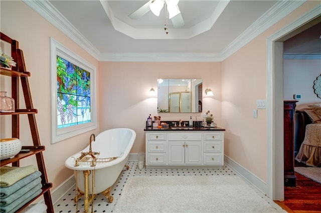 bathroom with ornamental molding, vanity, a tray ceiling, and a bathing tub