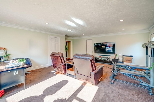 interior space featuring crown molding and a textured ceiling