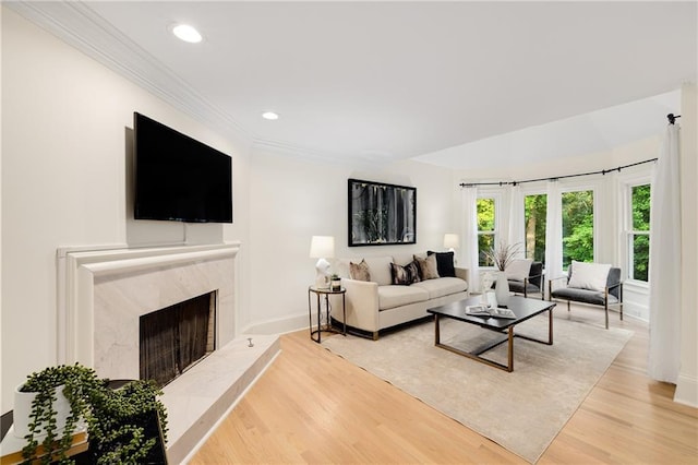510 Northland Ridge Ct, Sandy Springs, GA 30342 - living area with a premium fireplace, light wood-style flooring, crown molding, and recessed lighting