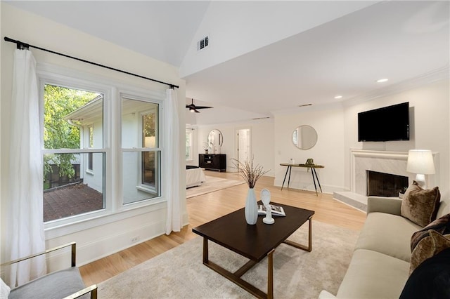 510 Northland Ridge Ct, Sandy Springs, GA 30342 - living room featuring a premium fireplace, light wood-type flooring, recessed lighting, and vaulted ceiling